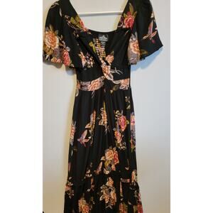Angie Women's Black  Print (Flora/Birds) Knotted-Front Maxi Dress - Size Medium